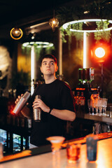 Bartender Shaking Cocktail Shakers in a Stylish Contemporary Bar Setting