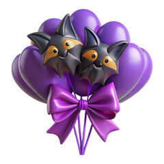 Obraz premium Two cute cartoon black bats with orange eyes on a bunch of purple balloons tied with a purple bow isolated on transparent background