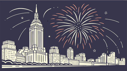 Obraz premium Stylized illustration of a city skyline with a tall skyscraper and fireworks exploding in the night sky above
