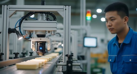 Automated Food Inspection Worker Observing Conveyor Belt System.