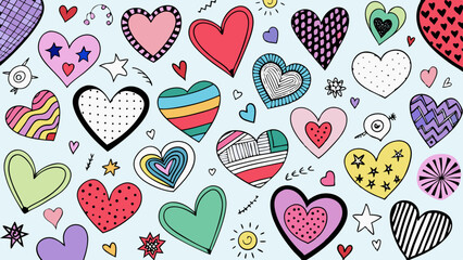 Doodle Heart Pattern Collection – Colorful & Black Sketch Style Love Icons