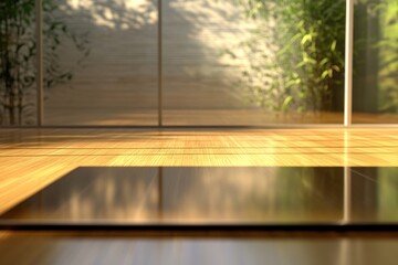 Wood and glass design setup with clean ambient light and looping shadows, 3D footage