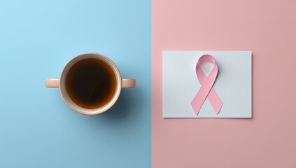 Pastel colored background with a cup and a pink ribbon
