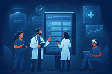 Doctors collaborate over digital patient data on a smart medical screen