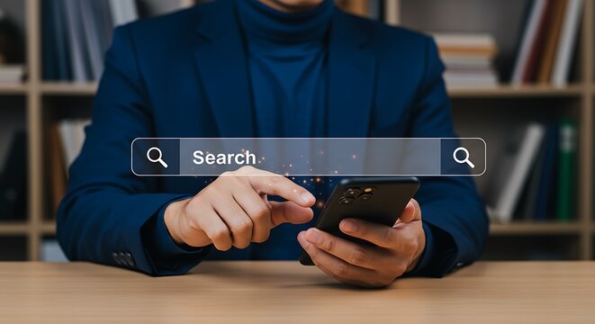Businessman using smartphone to search online information and finding relevant data easily