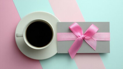 Coffee and Gift on Pastel Background