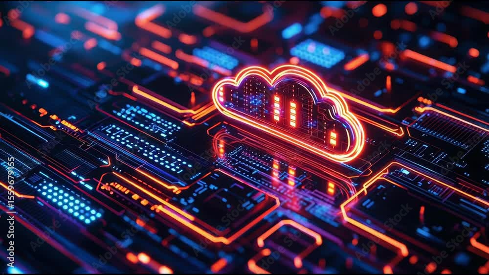 Poster unique cloud shaped like a heart on a computer circuit board representing love in the digital age of