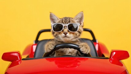 Cool kitten wearing sunglasses drives a red toy car on a yellow background