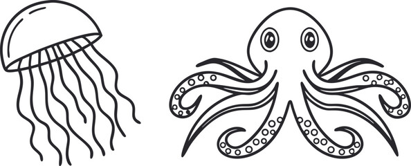 Underwater Sea Life Illustration Set Featuring Colorful Ocean Animals and Coral Scenes. Marine Life and Underwater Creatures Clipart Collection for Educational and Creative Use. Hand Drawn Sea Life