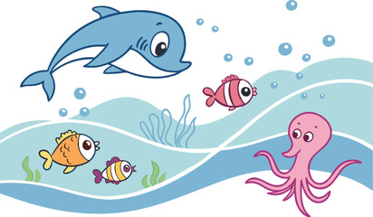 Underwater Sea Life Illustration Set Featuring Colorful Ocean Animals and Coral Scenes. Marine Life and Underwater Creatures Clipart Collection for Educational and Creative Use. Hand Drawn Sea Life