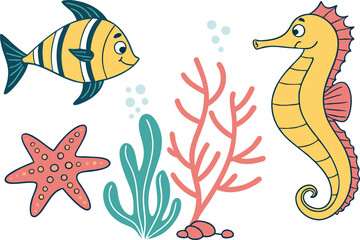 Underwater Sea Life Illustration Set Featuring Colorful Ocean Animals and Coral Scenes. Marine Life and Underwater Creatures Clipart Collection for Educational and Creative Use. Hand Drawn Sea Life