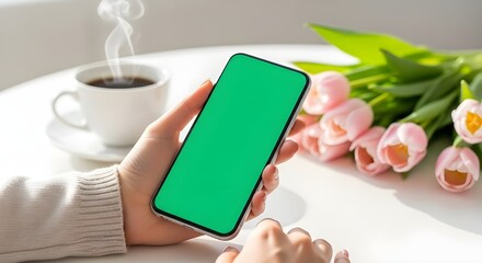 Woman using smartphone with green screen mockup near tulips and coffee
