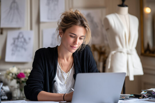 The girl is sitting at a table with a laptop on it and looking at the screen on the screen of the correspondence page in the messenger. Face front view. The room is bright and ther