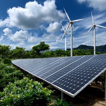 Solar Panels and Wind Turbines Under Bright Blue Sky with Fluffy Clouds in Countryside