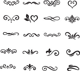 A collection of 20 stylish black flourishes and curved vector ornaments. Ideal for wedding designs, logos, invitations, or elegant branding projects.
