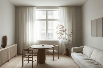 Warm minimalist home with tasteful furniture, natural light and small round table setup