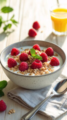organic health food image with granola cereal red raspberries and orange juice placed on white table surface for stock photography or visual branding food photography wallpaper background