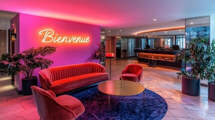 Hotel lobby featuring vibrant pink and red decor.