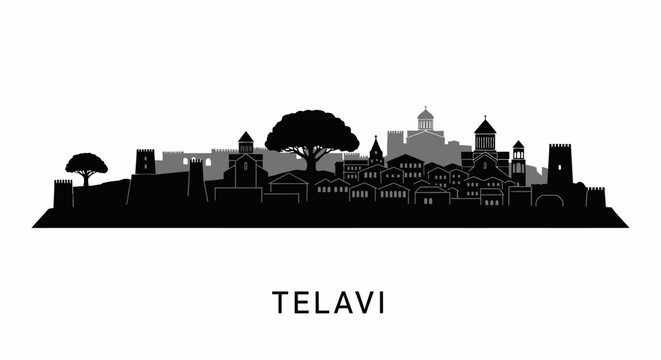 Telavi city skyline silhouette with Georgia, and black and white.