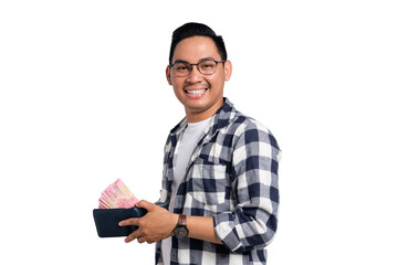 Successful financial planning. Smiling young Asian man in casual shirt holding wallet full of money...