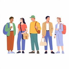Illustrated Group of Five Young Adults Wearing Casual Outfits and Carrying Bags