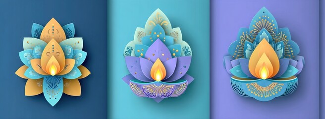 Happy Diwali festival beautiful design template. Minimal composition in paper cut style. Set holiday background for branding greeting card, banner, cover, flyer or poster. Vector illustration.