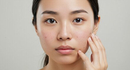 肌トラブルに悩む日本人人女性、素肌ポートレート（ノーメイク・高解像度）、シミやニキビ、毛穴の悩み