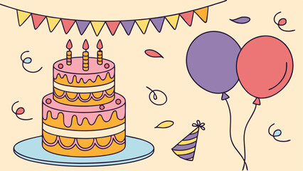 A festive and colorful illustration featuring a two tiered birthday cake with candles balloons a party hat and decorative bunting against a light cream background