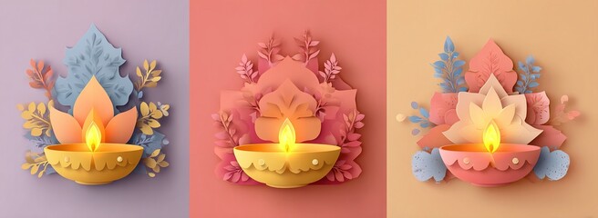 Happy Diwali festival beautiful design template. Minimal composition in paper cut style. Set holiday background for branding greeting card, banner, cover, flyer or poster. Vector illustration.