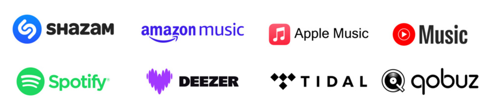 Popular music streaming servise company logo set. Amazon music, tidal, apple music, deezer, youtube music, spotify, shazam.
