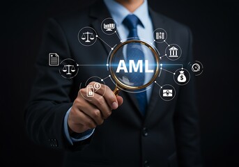Businessman inspecting anti money laundering regulations using magnifying glass and icons