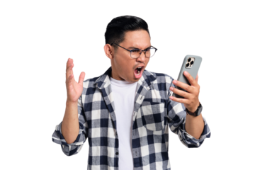 Upset young Asian man in casual shirt reading bad news on cell phone with angry face isolated on transparent background