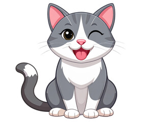 Obraz premium Playful Gray and White Cat Winking with Tongue Out, Cartoon Clip Art PNG