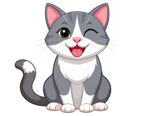 Playful Gray and White Cat Winking with Tongue Out, Cartoon Clip Art PNG