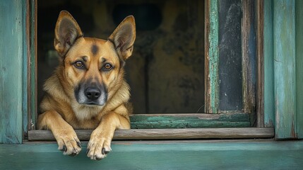 A German Shepherd dog peers from a weathered, teal window frame, paws resting on the sill.