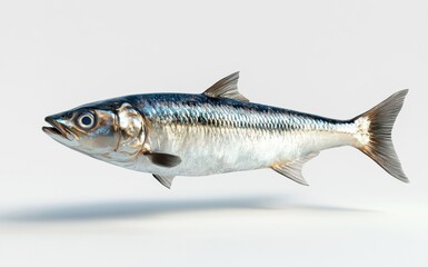 Fototapeta premium A detailed representation of a mackerel swimming gracefully, showcasing its vibrant colors and streamlined body against a light background, highlighting aquatic life.