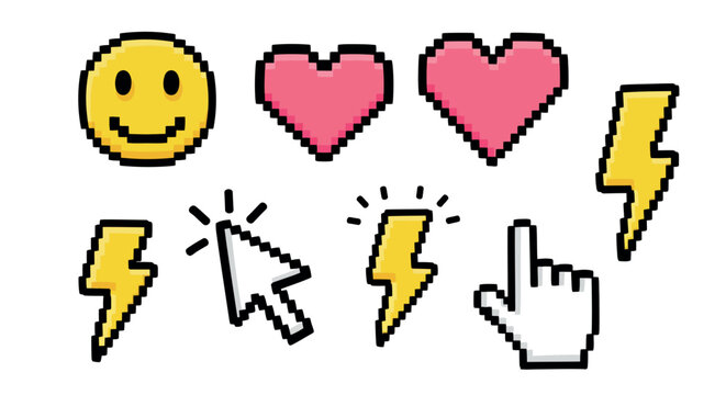 Retro pixel art vector illustration: emoji and icon set for digital design