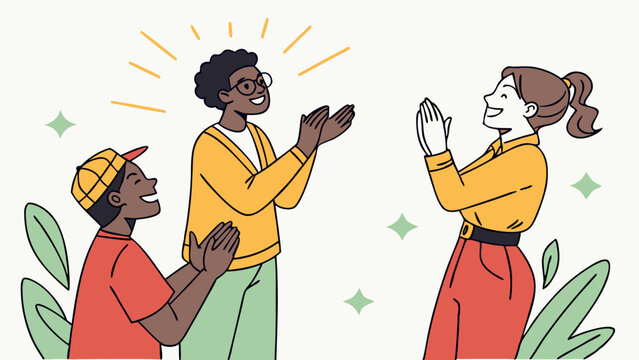 Diverse group of three friends happily clapping their hands together in appreciation and celebration conveying a sense of unity and shared joy