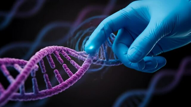 Scientist hand in glove touching dna helix. Gene editing and genetic research. DNA sequencing and genome analysis science footage.