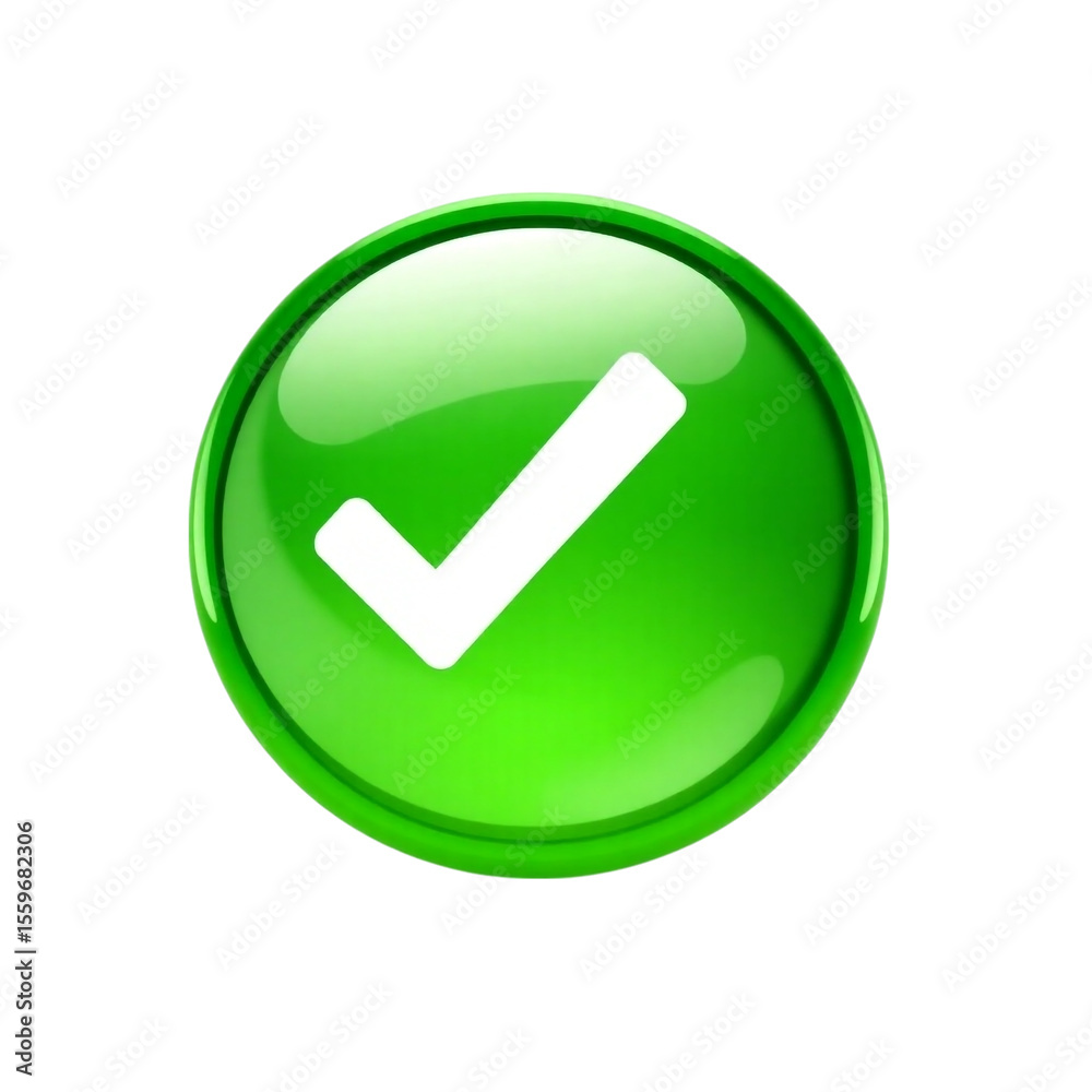 Poster a glossy green circle with a white check mark inside on a black background for approval or completio