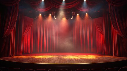 Illuminated theatrical stage with red velvet curtains creating anticipation