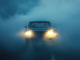Fototapeta premium A car with bright headlights navigates through thick fog on a dark road. The hazy environment adds a dramatic effect, emphasizing the eerie beauty of nighttime travel.