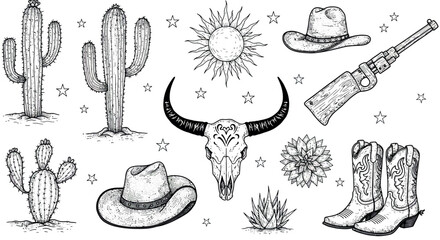 Western themed vector illustration: hand drawn cowboy elements for design