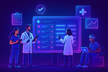 Medical staff analyzes health records on an interactive display