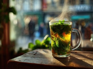 A glass cup of mint tea steaming in a cafe