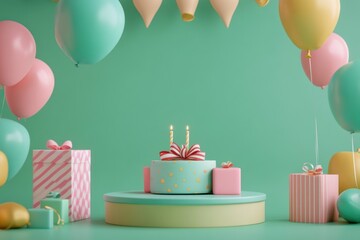 Vibrant birthday party interior, green background with neatly placed presents and floating balloons, 3D style