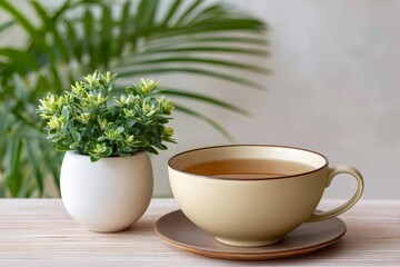 Cup of tea with houseplant creates cozy atmosphere