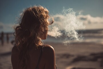 a woman smoking a cigarette in a beach , Generative AI