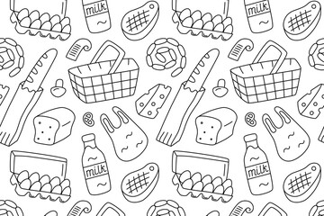 Flat cartoon vector illustration black and white pattern with grocery items and supermarket basket. Outline seamless design for food packaging, shopping prints, meal planning, retail, kitchen visuals