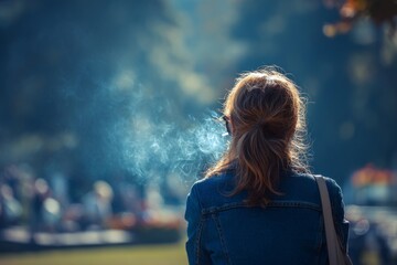 a woman smoking a cigarette in a park , Generative AI